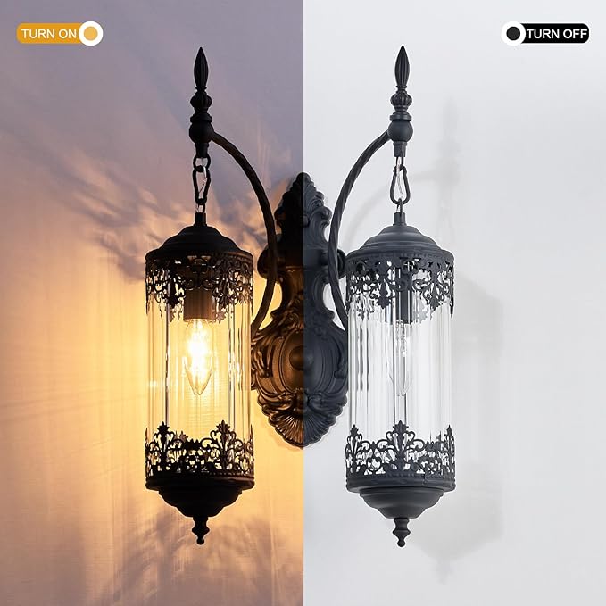 Rustic Glass Wall Sconce Vintage Antique Gothic Wall Light Fixture Retro Farmhouse Mid Centry Lantern Wall Sconce for Bedroom, Living Room, Mirror, Black