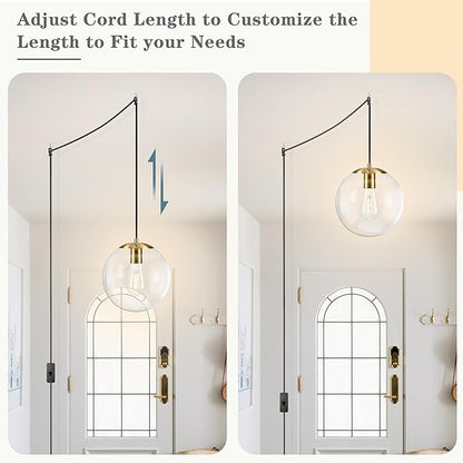 KoKo&Yukina 10" Globe Pendant Light Gold Plug in Pendant Light Adjustable Hanging Lights with Plug in Cord Brushed Gold Finished with Clear Glass Lampshade for Bedroom Kitchen Island（Bulb Included）