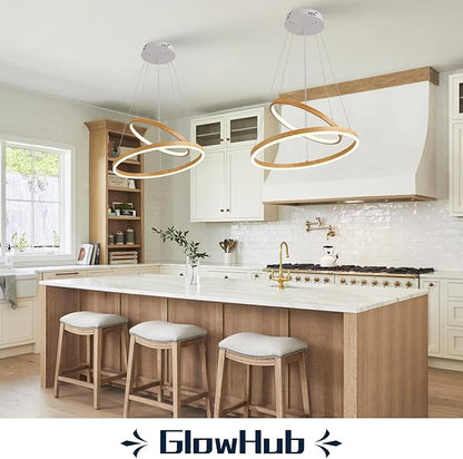 2 Ring LED Chandelier for Dining Room, Wood Grain Circular Pendant Light Fixture Modern Boho Round Hanging Light Coastal Chandelier for Entryway Bedroom Office, 20 Inches Dimmable 3000-6500K