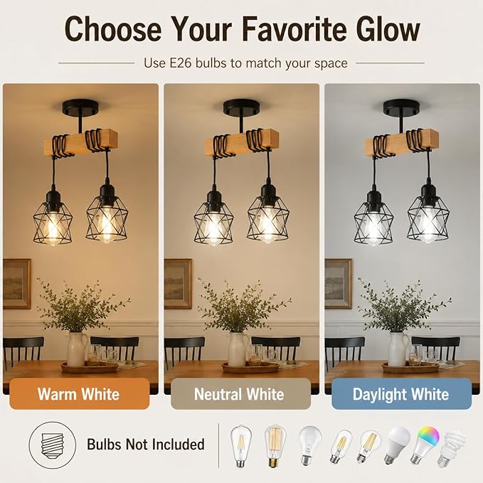 2 Light Farmhouse Ceiling Light,Pendant Light Kitchen Island,Dining Room Chandelier Light Fixture Over Table,Rustic Hanging Light for Kithen,Dining Room,Real Wood,Black Metal Cage