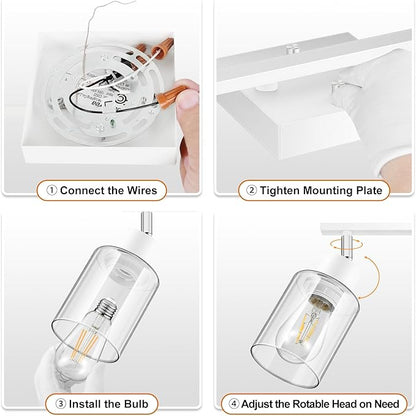 BoostArea White LED 2 Light Track Lighting Kit, 2 Way Ceiling Spot Lighting with Glass Lampshade, Flexibly Rotatable Light Head for Kitchen, Living Room, Bedroom, Bulb Not Included
