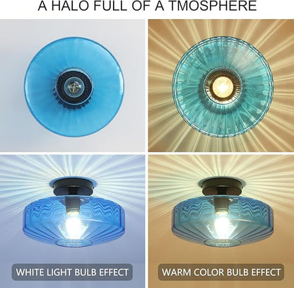Blue Glass Ceiling Light, 11.8 Inches Mid Century Semi Flush Mount Ceiling Light Retro Small Chandelier Glass Overhead Lighting for Girl's Room Kids Room Nursery Bedroom Closet Hallway E26