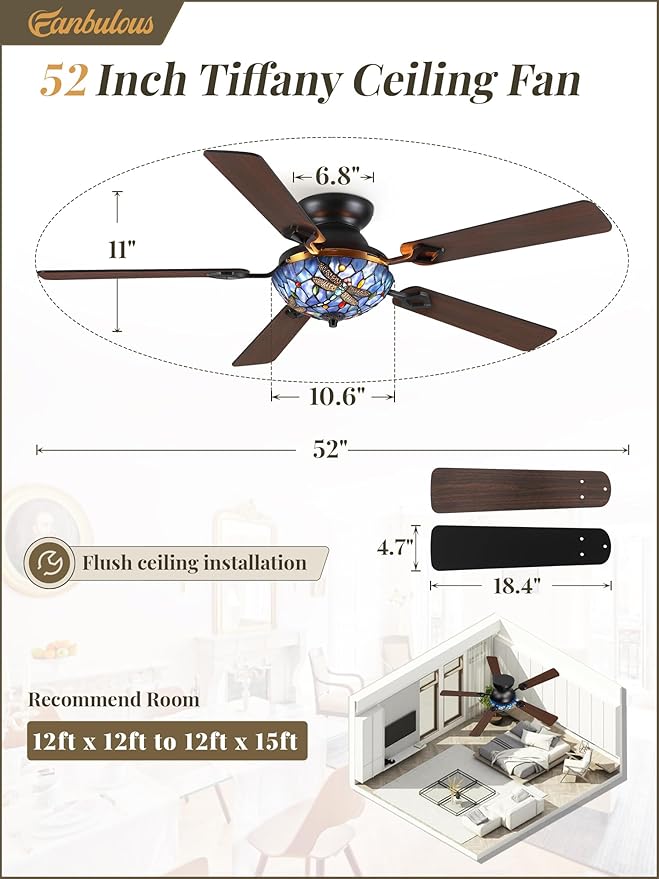Fanbulous 52 Inch Tiffany Stained Glass Ceiling Fan,Stepless Color 24W LED, Dimmable, Remote & APP Control Quiet DC Motor Vintage Flush Mount Ceiling Fan,5 Dual-Finish Blades for Bedroom