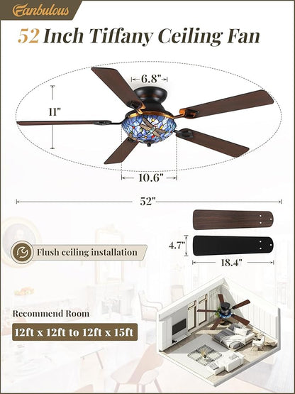 Fanbulous 52 Inch Tiffany Stained Glass Ceiling Fan,Stepless Color 24W LED, Dimmable, Remote & APP Control Quiet DC Motor Vintage Flush Mount Ceiling Fan,5 Dual-Finish Blades for Bedroom