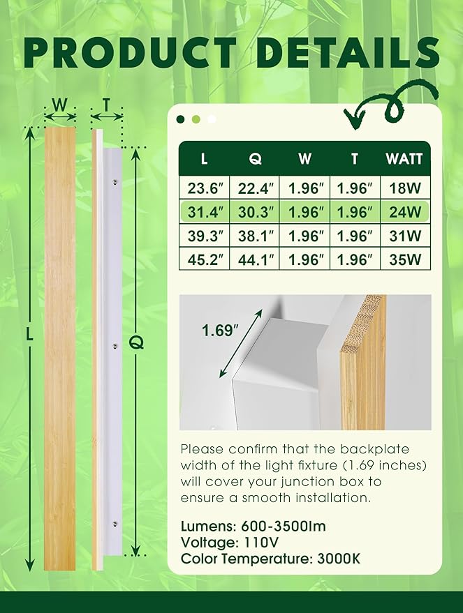 1 Pack Modern Plug in Long Wall Sconce 31.4‘’ LED Bamboo Wall Lights 24W Long Strip Indoor Wall Lamp 3000K with 6.5FT Plug in Cord and On/Off Switch on The Cord for Living Room Hallway Stairwell