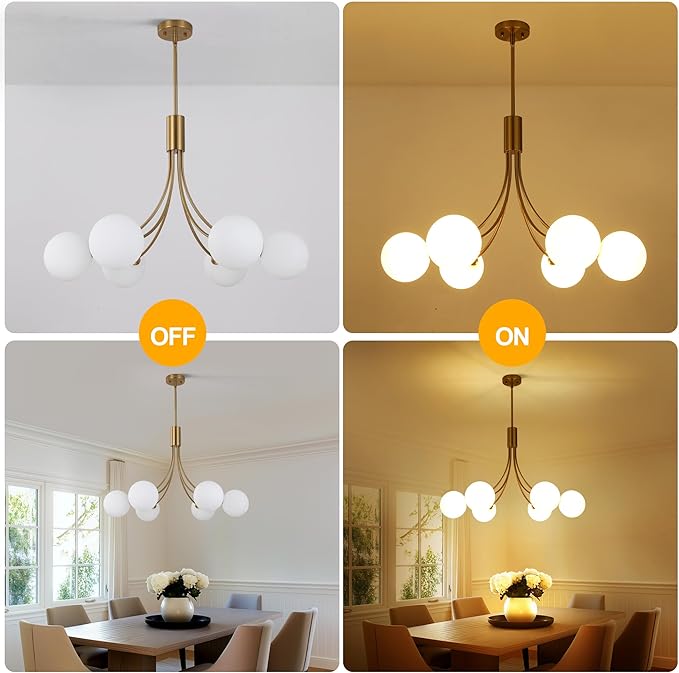 CNRATYE 6-Light Modern Farmhouse Gold Chandeliers for Dining Room Light Fixture, Mid Century Hanging Sputnik Chandelier for Living Room Kitchen Island Bedroom Foyer, Milk White Globe Glass Shade