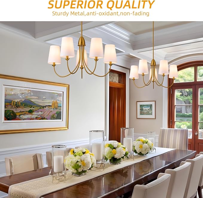 Gold Chandeliers for Dining Room,5-Light Farmhouse Dining Room Light Fixture with White Fabric Shade,30" Modern Industral Chandelier for Bedroom Foyer Living Room Kitchen.