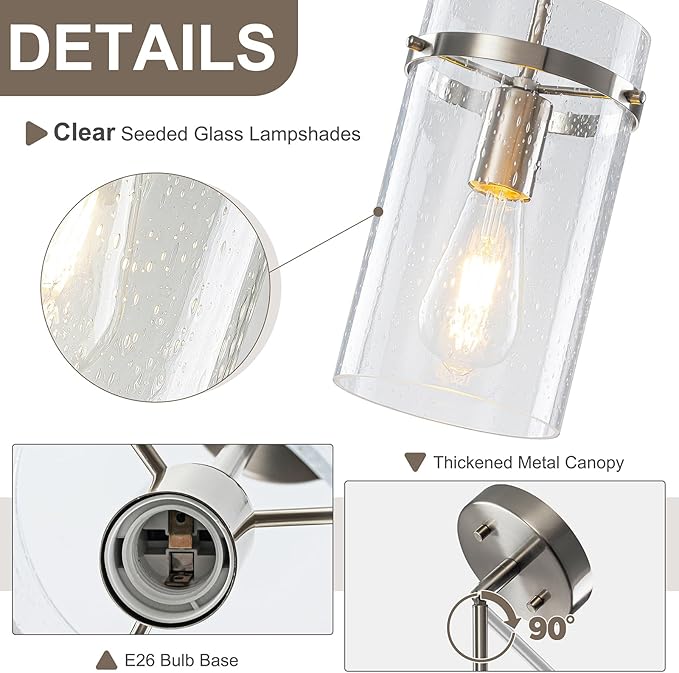 1 Pack Seeded Glass Pendant Lights Kitchen Island, Hanging Modern Pendant Light Fixtures, 5.5" Brushed Nickel Pendant Lighting Island Lights for Kitchen Over Sink Entryway Hallway