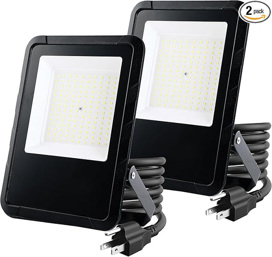 Simple Deluxe 2 Pack 100W Flood Lights Outdoor, 10000LM Daylight White LED Work Light with Plug, IP65 Waterproof, 6500K Floodlight for Garage, Yard, Lawn