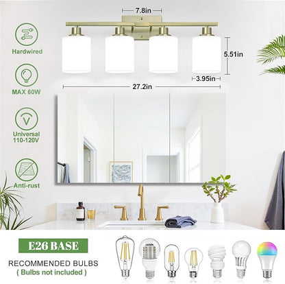 MOKATNG 4-Light Bathroom Light Fixtures, Aged Brass Vanity Light with Milky White Shades, Bathroom Lighting Fixtures Over Mirror, Modern Bathroom Wall Lamp for Mirror Living Room Cabinet Bedroom