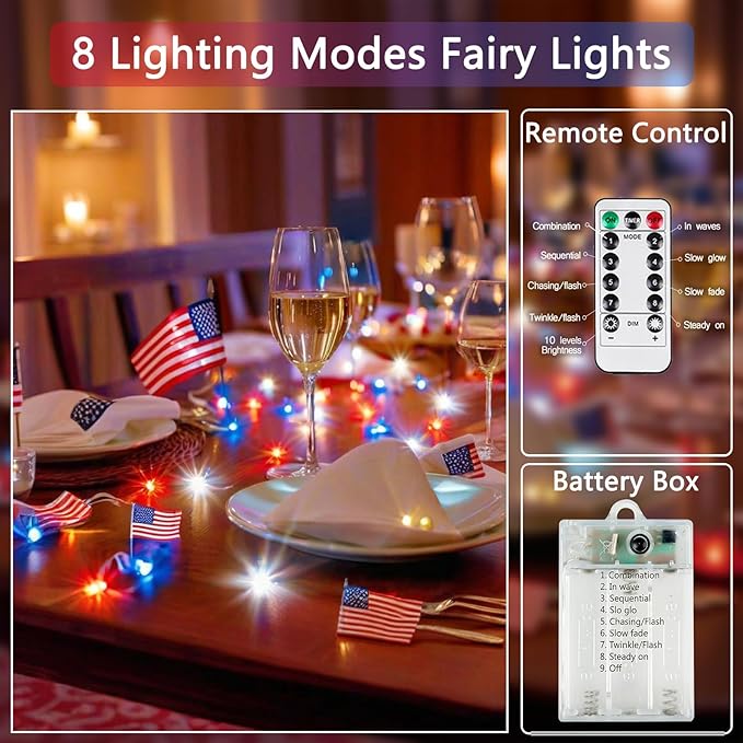 4th of July Decoration Lights, 3 Pack Red White and Blue Fairy Lights Battery Operated with Remote & Timer, Waterproof Patriotic Light Indoor Outdoor 8 Modes for Independence Day Anniversary Memorial