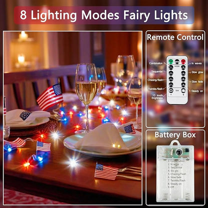 4th of July Decoration Lights, 3 Pack Red White and Blue Fairy Lights Battery Operated with Remote & Timer, Waterproof Patriotic Light Indoor Outdoor 8 Modes for Independence Day Anniversary Memorial