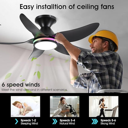 Kviflon Ceiling Fans with Lights Remote/APP Control, 38" Low Profile Ceiling Fans with Dimmable White Colors+ RGB Ring Lights, 6 Speeds 5 Reversible Blades for Kids Room Bedroom Living Room, Black
