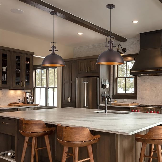 12 Inch Oil Rubbed Bronze Farmhouse Pendant Lights Large Pendant Lights for Kitchen Island Industrial Adjustable Height Vintage Big Dome Hanging Light Fixtures for Barn, Dining Room 2 Packs
