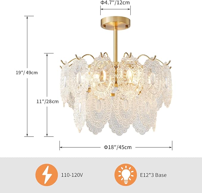 AGV LIGHTING Elegant Glass Chandelier Ceiling Light Fixture, Large Semi Flush Mount Ceiling Light, Modern Vintage Lighting for Bedroom, Living Room, D18 x H10, 2- Tier Shade & Brass Gold Finish