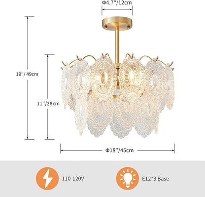 AGV LIGHTING Elegant Glass Chandelier Ceiling Light Fixture, Large Semi Flush Mount Ceiling Light, Modern Vintage Lighting for Bedroom, Living Room, D18 x H10, 2- Tier Shade & Brass Gold Finish