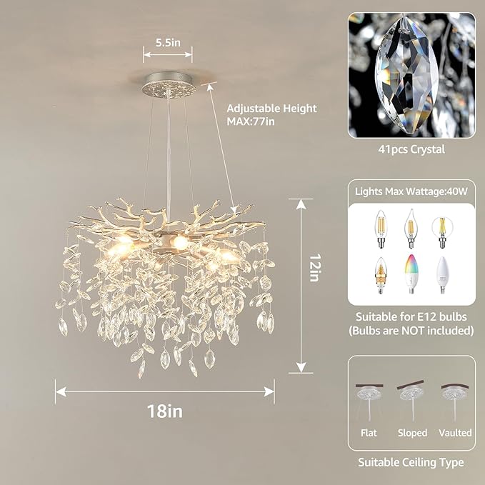 EGM 18-Inch Silver Crystal Chandeliers for Dining Room, Modern Crystal Chandelier for Bedroom, 6-Light Silver Tree Branch Chandelier for Living Room, Raindrop Leaf Chandeliers for Home Décor, E12