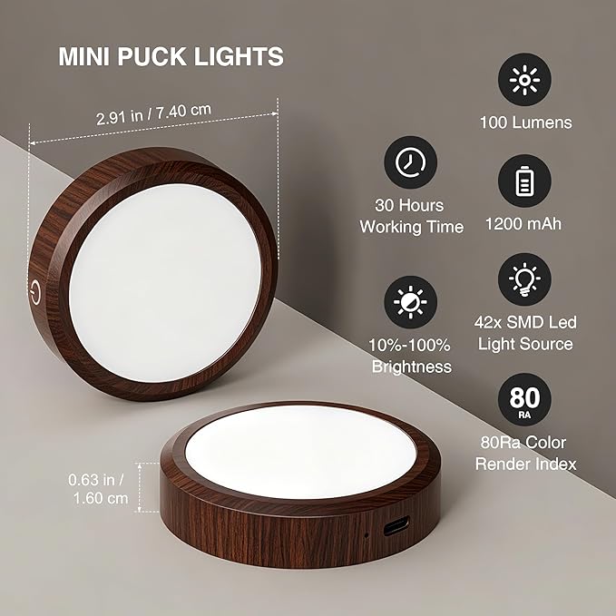 Puck Lights with Remote Control Rechargeable, Full-Screen Wireless LED Under Cabinet Lighting with Light Guide Plate,3 Color Dimmable Stick On Tap Lights for Kitchen,Counter,Closet,Shelf, 4PCS,Wood