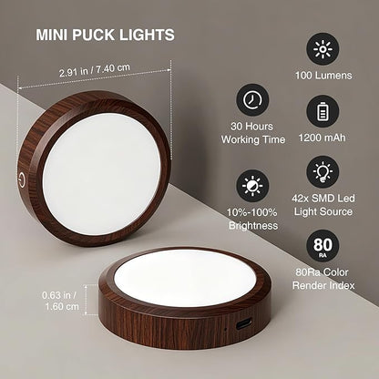 Puck Lights with Remote Control Rechargeable, Full-Screen Wireless LED Under Cabinet Lighting with Light Guide Plate,3 Color Dimmable Stick On Tap Lights for Kitchen,Counter,Closet,Shelf, 4PCS,Wood