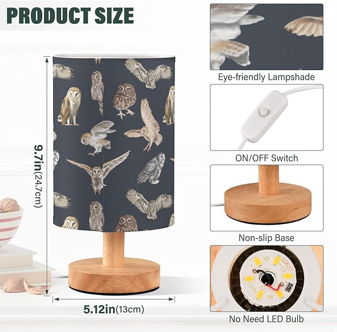 Table Lamp Watercolor Owl Pattern Barn Owl Snow Owl Nightstand Lamp with Wood Base Fabric Lamp Shade Bedside Desk Lamp for Living Room Bedroom Kids Room Office, g336814080p966c1026s2315