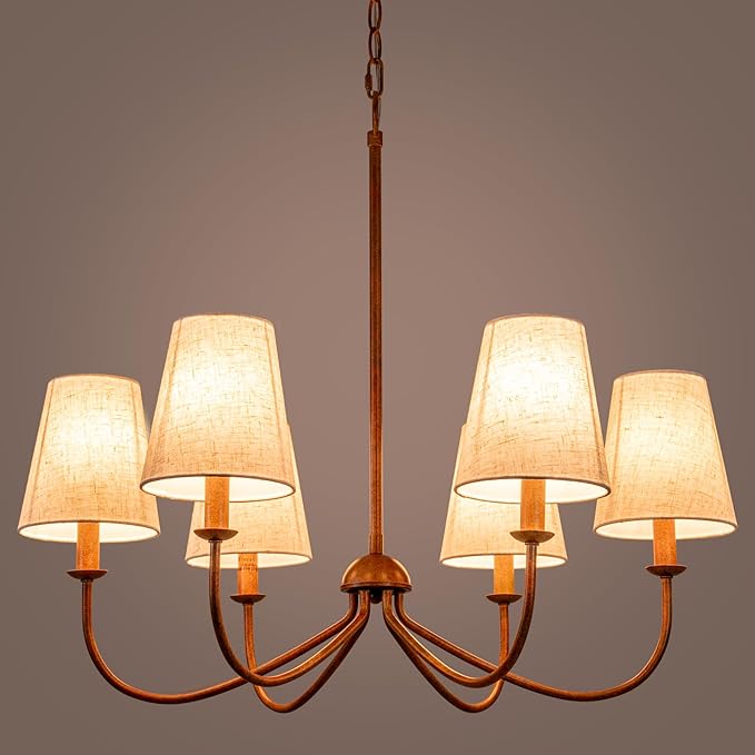 Chandelier, Retro Antique Brown with White Beige Fabric Shade, 6-Light 28" Country Rustic Farmhouse Linear Pendant Lighting Fixture for Kitchen Island Dining Living Room Bedroom