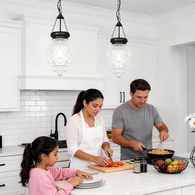 Vintage Pendant Lights Kitchen Island, Black Kitchen Pendant Lighting Over Island, Bathroom Pendant Light With 7.9" w*10.6" h Glass, Farmhouse Sink Light For Closet Pantry Entryway, Height Adjustable