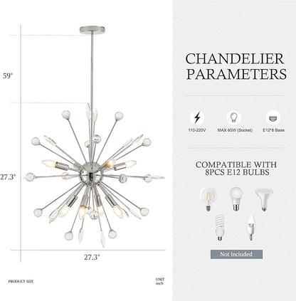 27.3" 8-Light Silver Sputnik Chandelier Modern Industrial Adjustable Firework Globe Ceiling Fixture for Living Room, Entryway, Dining, Bedroom, Hallway, Stairway
