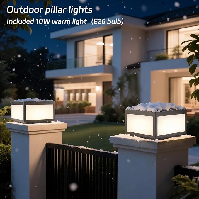 Outdoor Modern Post Light, 10" Hard Wired Pillar Lights Square Post Column Caps Lamp for Flat Surface, Electric Modern Fence Deck Cap Lantern Lighting for Patio Garden Driveways IP65 Waterproof
