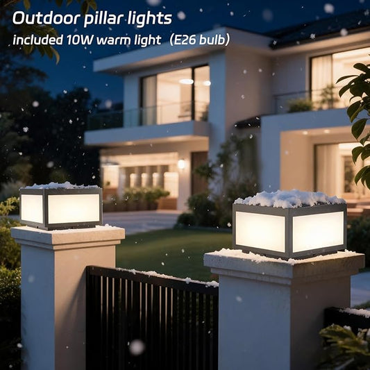 Outdoor Modern Post Light, 10" Hard Wired Pillar Lights Square Post Column Caps Lamp for Flat Surface, Electric Modern Fence Deck Cap Lantern Lighting for Patio Garden Driveways IP65 Waterproof
