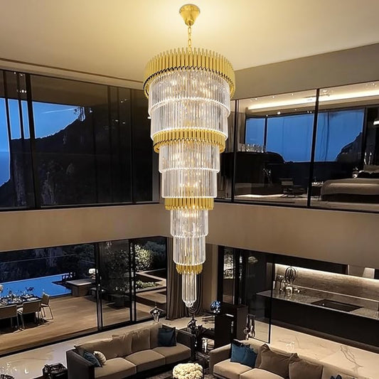 Luxury Gold Crystal Chandelier for High Ceiling, 32" 7-Tier Long Crystal Chandeliers, Adjustable Height Chandelier for Foyer, Villa, Staircase, Entryway