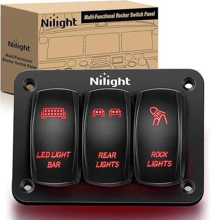 Nilight - 90128C 3 Gang Rocker Switch Panel Aluminum 5 Pin ON Off Toggle Switch Panel Pre-Wired Rocker Switch SPST 12V 24V Switches for Marine Boats Cars ATVs UTVs