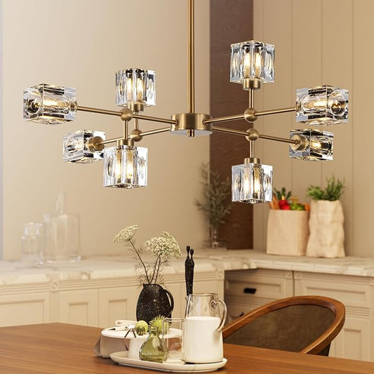 8-Light Gold Crystal Chandelier Modern Sputnik Chandeliers for Dining Room Adjustable Height Sputnik Ceiling Light Fixture for Living Room Kitchen Island Bedroom