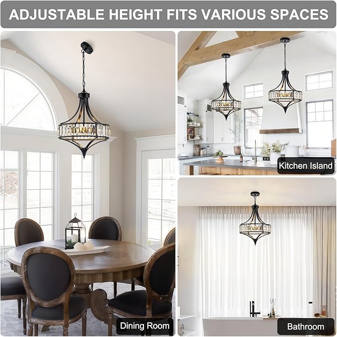 Black Crystal Chandeliers for Dining Room, 15.7" Modern Farmhouse Foyer Chandelier for Entryway, 4-Light Pendant Light Fixtures Over Table for Kitchen Island Bathroom Living Room Bedroom