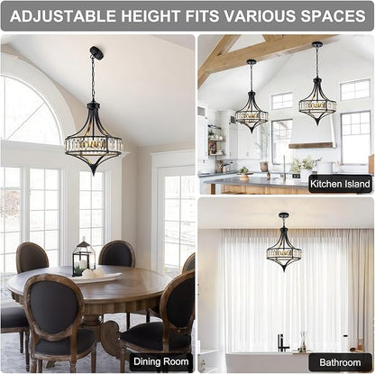 Black Crystal Chandeliers for Dining Room, 15.7" Modern Farmhouse Foyer Chandelier for Entryway, 4-Light Pendant Light Fixtures Over Table for Kitchen Island Bathroom Living Room Bedroom