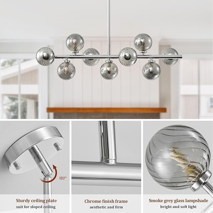 Mid Century Modern Sputnik Chandeliers: 9-Light Chrome Linear Dining Room Light Fixture - 40" Long Smoke Grey Glass Globe Modern Silver Pendant Chandelier Lighting for Living Room Kitchen Island Table