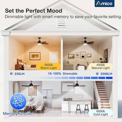 addlon Ceiling Fans with Lights, 42 inch Black Ceiling Fan with Light and Remote Control, Reversible, 3CCT, Dimmable, Noiseless, Small Ceiling Fan for Bedroom, Farmhouse, Indoor/Outdoor Use