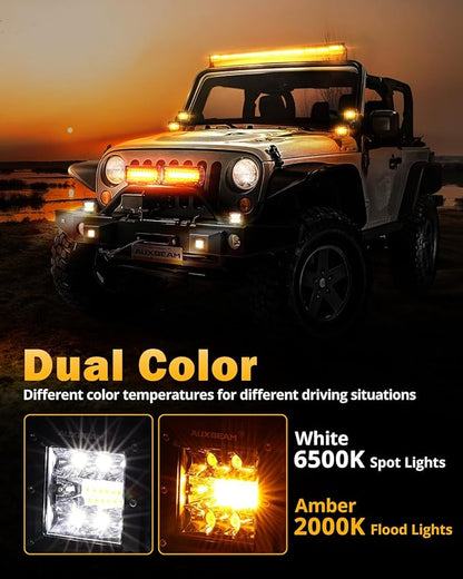 Auxbeam 6 Modes Amber White Series Flush Mount Strobe Lights 5 Inch 72W LED Pods Spot Flood Combo Flashing/Warning Multi-Function Offroad Lighting Bumper Grille Mount, Pair