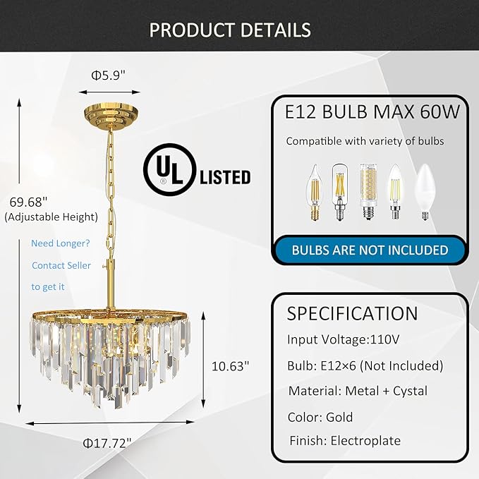 Modern Gold Crystal Chandelier, 18" Round Chandeliers for Dining Room 4-Tier 6 Lights Luxury Top K9 Crystal Ceiling Pendant Light Fixture for Foyer Bedroom Closet