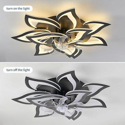 32inch Black Flower Modern Ceiling Fans with Lights, Low Profile Ceiling Fan with Remote for Bedroom, Flush Mount Ceiling Fan with LED Dimmable Light,6-Speeds, Timing Ceiling Fan Light