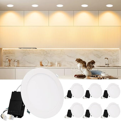 TORCHSTAR Premium Series 8 Inch Ultra-Thin LED Recessed Ceiling Light with J-Box, 18W 10%-100% Dimmable Recessed Downlight, Aluminum, 2700K Soft White, CRI90, ETL & ES Listed, White, Pack of 6