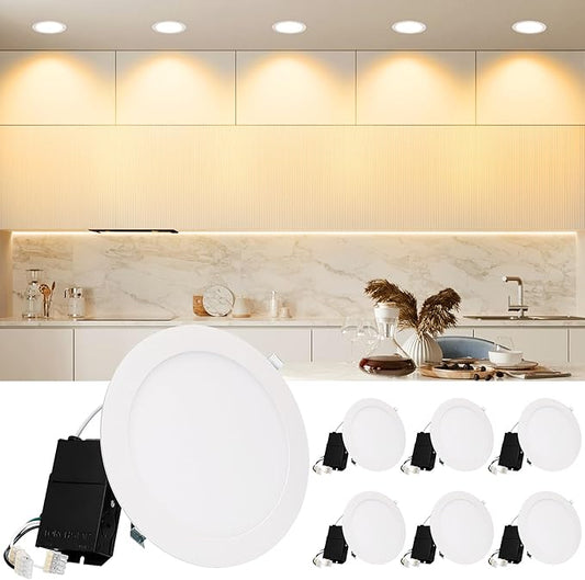 TORCHSTAR Premium Series 8 Inch Ultra-Thin LED Recessed Ceiling Light with J-Box, 18W 10%-100% Dimmable Recessed Downlight, Aluminum, 2700K Soft White, CRI90, ETL & ES Listed, White, Pack of 6