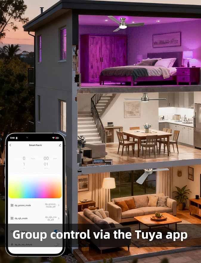 42" RGB Ceiling Fan with Light, Music Sync Smart Fan with Alexa/Google/App Control, Low Profile Flush Mount, 6-Speed Quiet DC Motor, 4 CCT Dimmable Lighting for Bedroom Living Room