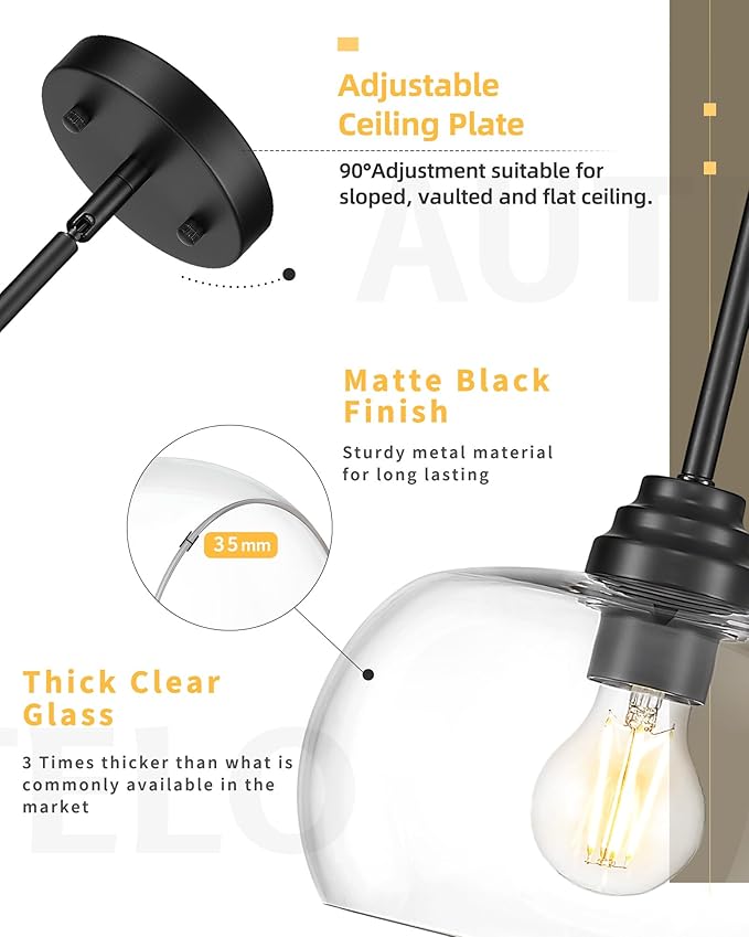 AUTELO 2 Pack Matte Black Pendant Lights, Kitchen Pendant Lights Over Island with Clear Drum Glass, Island Pendant Lights for Kitchen Dining Room Bar, H9385 BK-R-2PK