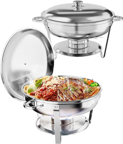 GarveeHome Chafing Dish Buffet Set 2 Pack, 5 QT Round Stainless Steel Chafer and Food Warmers With Food & Water Pan, Lid, Frame, Fuel Holder for Catering, Parties, Events, Wedding, Camping, Dinner