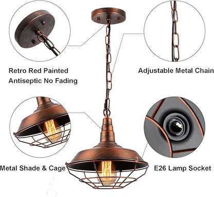 Industrial Pendant Lights Kitchen Island 2 Pack Farmhouse Hanging Light Fixtures with Adjustable Chain, Rustic Pendant Lighting with Metal Wire Cage for Barn Dining Room Hallway Foyer