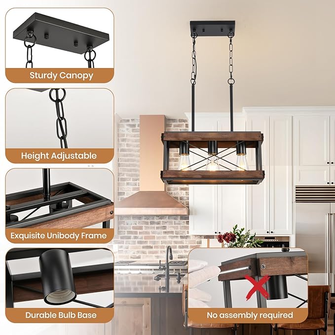 Genuine Wood Farmhouse Kitchen Island Light, 3-Light Rustic Pendant Chandelier with Adjustable Height, Metal Linear Hanging Lamp for Dining Room Bar Pool Table