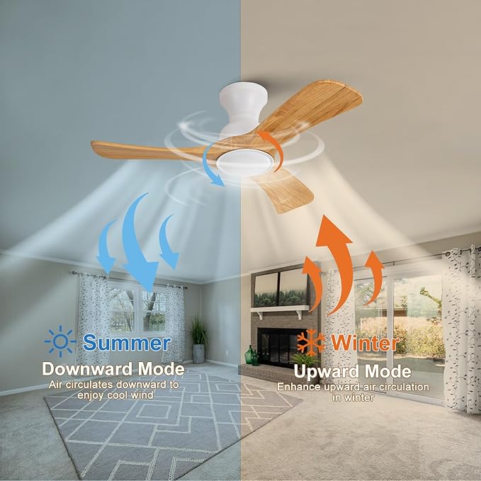 Flush Mount Ceiling Fans with Lights,36 inch,Remote Control,Wall Switch,Solid Wood Blades,Dimmable,Reversible Noiseless,Power Off Memory Modern Ceiling Fan for Bedroom Patio Indoor