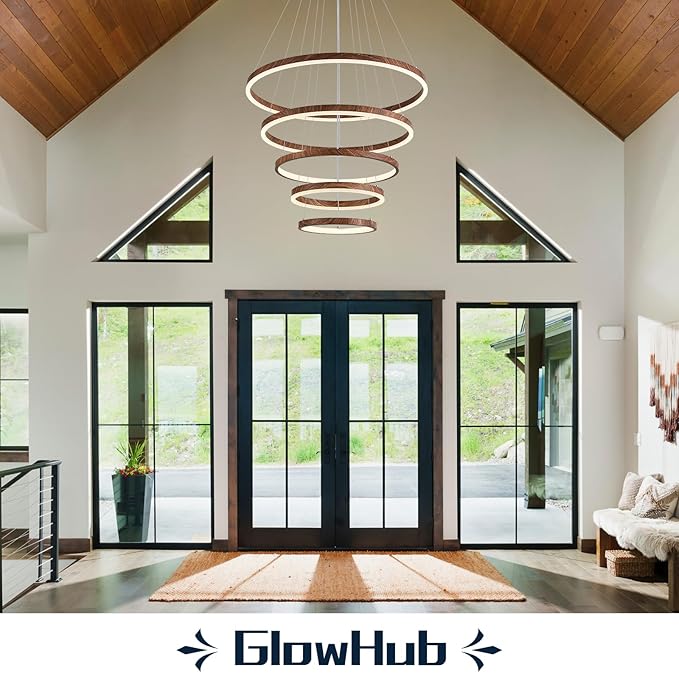 5 Ring LED Chandelier Wood Grain Finish Modern Round Chandelier Dimmable Foyer Pendant Light Fixture with Remote High Ceiling Hanging Chandelier for Dining Room Living Room Staircase, D24" 3000-6500K