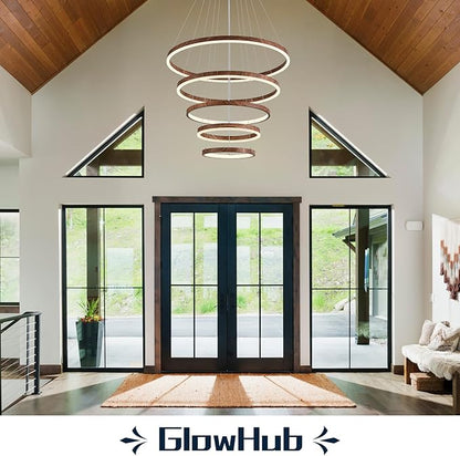 5 Ring LED Chandelier Wood Grain Finish Modern Round Chandelier Dimmable Foyer Pendant Light Fixture with Remote High Ceiling Hanging Chandelier for Dining Room Living Room Staircase, D24" 3000-6500K