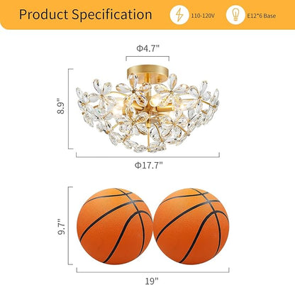 WUZUPS Crystal Chandelier Flushmount Ceiling Light Modern Lighting Fixture for Bedroom Hallway Bar Kitchen Bathroom, H 8.9" x W 17.7", Gold, E12 Base